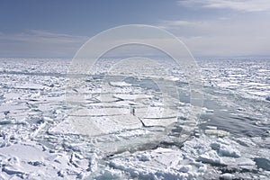 Drift ice in the offing of the Abashiri port, Hokkaido, Japan photo