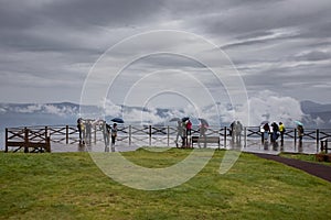 hokkaido japan - october 6,2018 : large number of tourist standing on wood terrace of viewpiont sport in showa shinzan vulcano pa