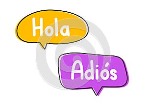 Hola adios. Handwritten lettering illustration. Black vector text in pink and yellow neon speech bubbles.