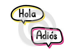 Hola adios. Handwritten lettering illustration. Black vector text in pink and yellow neon speech bubbles. photo