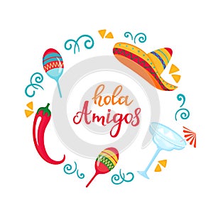Hola Amigos poster with sombrero, maracas, margarita and chili pepper photo