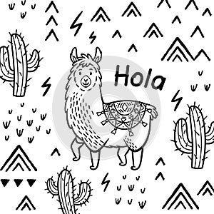 Hola card. Ink cartoon llama vector print photo