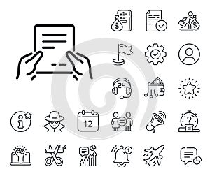Hold Document line icon. Text File sign. Salaryman, gender equality and alert bell. Vector