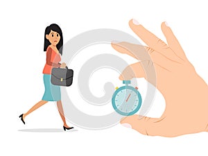 Hold hand gold pocket watch, businesswoman character delay work meeting isolated on white, flat vector illustration