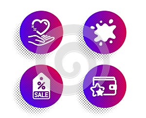 Hold heart, Sale coupon and Dirty spot icons set. Loyalty program sign. Vector