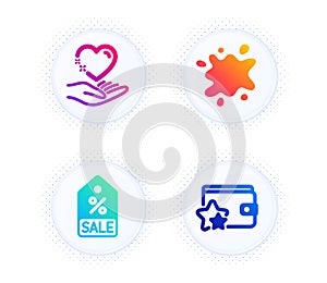 Hold heart, Sale coupon and Dirty spot icons set. Loyalty program sign. Vector