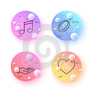 Hold heart, Wedding rings and Love music minimal line icons. For web application, printing. Vector