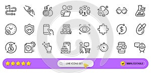Hold smartphone, Orange juice and Loan percent line icons for web app. Pictogram icon. Line icons. Vector
