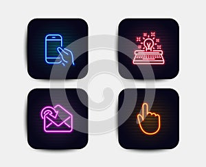 Hold smartphone, Receive mail and Typewriter icons. Hand click sign. Phone call, Incoming message, Inspiration. Vector