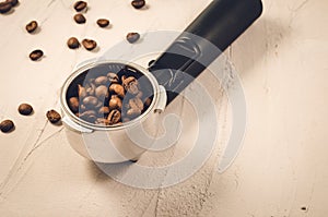 holder filled with coffee beans/ holder filled with coffee beans on a concrete background. Copy space
