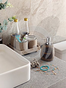 Holder with toothbrushes, plant and different toiletries