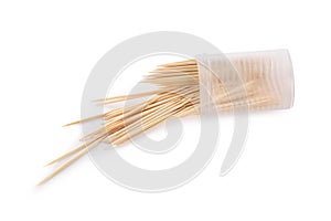 Holder with wooden toothpicks on white background