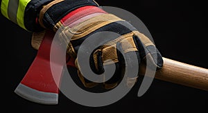 Holding Axe with Protective Glove Against Dark Backdrop