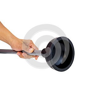 Holding black rubber plunger for toilet pump isolated