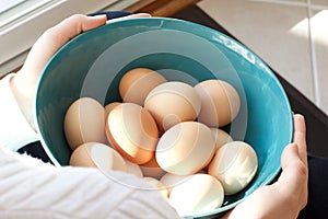 Holding Bowl with Fresh Brown Eggs