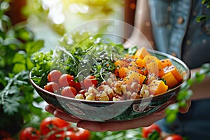 Holding a Bowl of Fresh Gourmet Salad.