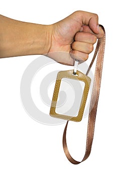 Holding Brown Name Tag and Blank id on white with background.