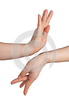 Holding Buddhist gesture on the white background