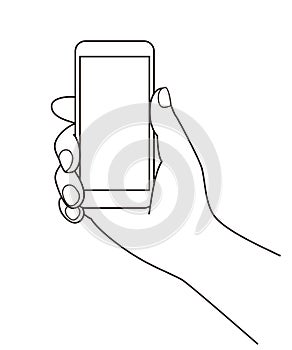 Holding a cell phone mobile phone at hand, line illustration