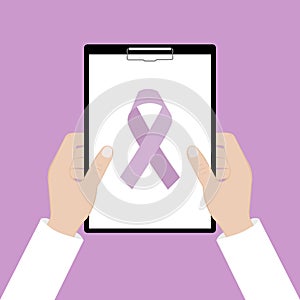 Holding a clipboard. Awareness purple ribbon. Realistic purple ribbon, epilepsy awareness symbol, isolated on violet background