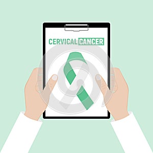 Holding a clipboard. Banner with Cervical Cancer Awareness Realistic Ribbon. Design Template