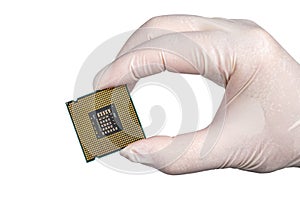 Holding CPU wearing white gloves on white background