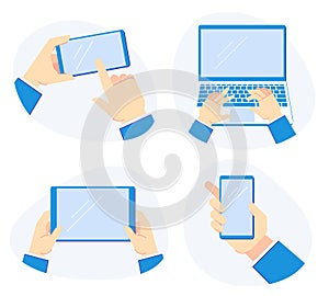 Holding devices in hand. Smartphone in hands, hold laptop computer and mobile tablet vector illustration set