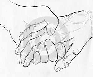 Holding elderly hand - pencil sketch