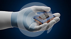 Holding Electronic Chip in Gloved Hand - High Tech Microprocessor