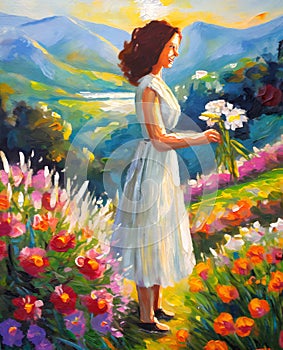 Holding Flower Art Oil Painting