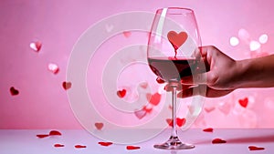 Holding a glass of red wine isolated on pink background.