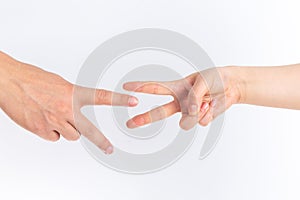 Holding guessing fist gesture in front of the white background