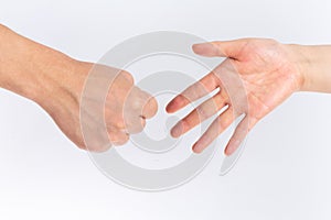 Holding guessing fist gesture in front of the white background