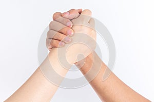 Holding guessing fist gesture in front of the white background