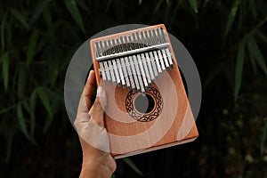 Holding hand with Kalimba or Mbira an African musical instrument made from wooden board and metal in dark background