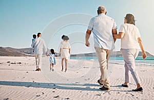 Holding hands, beach family and people walk, bond or enjoy time together for travel vacation, holiday peace or freedom