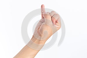 Holding hands with contempt against white background