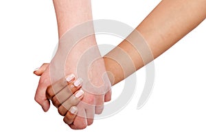 Holding hands couple of a mixed race on white background.