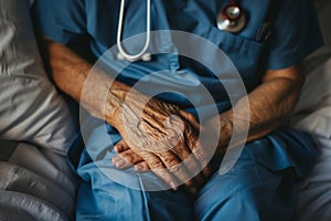 Holding hands with an elderly man in his bedroom is a nurse