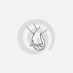 Holding hands with interlocked or intertwined fingers drawn by black lines isolated on white background. Symbol of photo