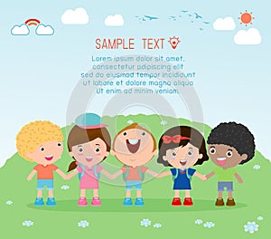Holding hands, kids holding hands on background, Multi-ethnic children holding hands, Many happy children holding hands , Vector I