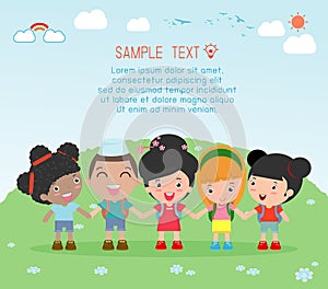 Holding hands, kids holding hands on background, Multi-ethnic children holding hands, Many happy children holding hands , Vector I