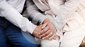 Holding hands, senior couple and support while together for empathy, love and care in marriage. Closeup of elderly man