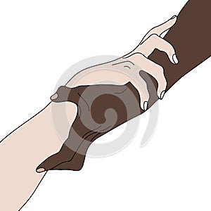 Holding Hands Showing Unity. Multinational equality. Team, partner, alliance concept. Relationship icon. Vector illustration.