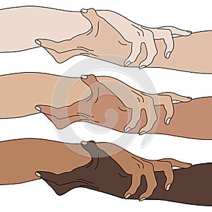 Holding Hands Showing Unity. Multinational equality. Team, partner, alliance concept. Relationship icon. Vector illustration.