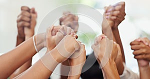 Holding hands, teamwork and business people in office for solidarity, support and collaboration. Professional, diversity