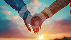 Holding hands together at sunset, symbol of love and connection