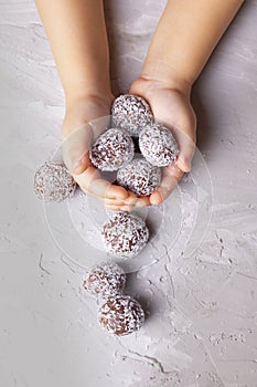 Holding Healthy Protein Balls, flat lay and copy space