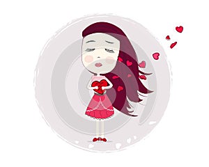 Holding heart sadness girl. Loneliness girl. Happy Valentine`s day greeting card