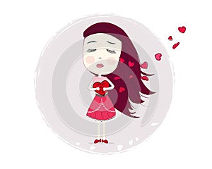 Holding heart sadness girl. Loneliness girl. Happy Valentine`s day greeting card photo